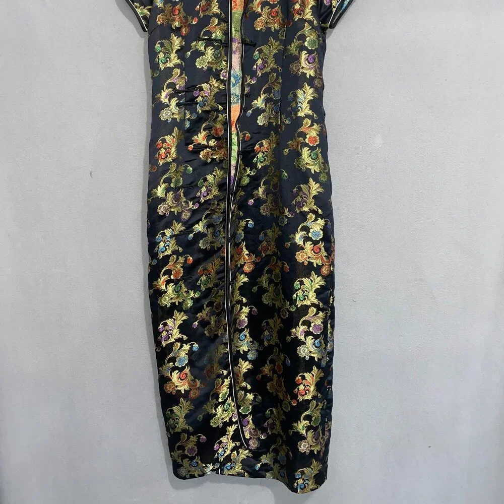 Brocade Cheongsam Qipao Dress Black Gold Floral Mandarin Collar M - Picture 8 of 9